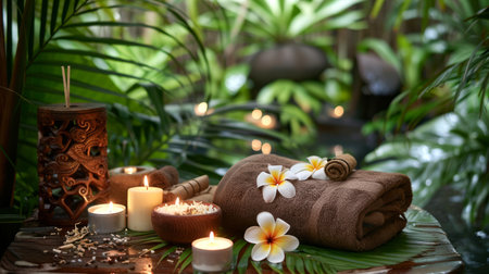 Tropical spa with candles and folded towels. Serene spa environment with natural decor. Concept of health, rejuvenation, peaceful retreat, and natural therapy. Copy spaceの写真素材