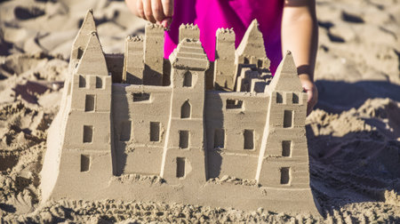 Little Caucasian kid building a sandcastle on a sunny beach. Child enjoying playful sand activities....