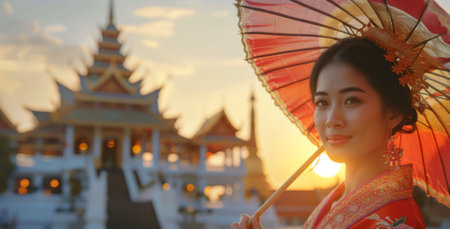 Thai woman in traditional attire at historic temple. Beautiful lady with red umbrella in cultural dress. Copy space. Concept of Thai culture, tourism, traditional fashionの写真素材