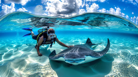 Diver and stingray meet on a sunlit sandy bottom. Marine life interaction captured underwater....