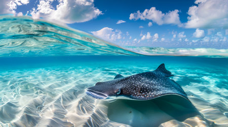 Stingray swimming in shallow turquoise waters under a cloudy sky. Stingray in a serene sea. Concept of marine life, tranquility in nature, and underwater scenes.の写真素材