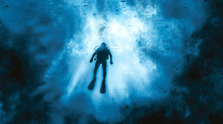 Scuba diver swimming in the ocean depth. Concept of underwater adventure, marine life, and scuba...