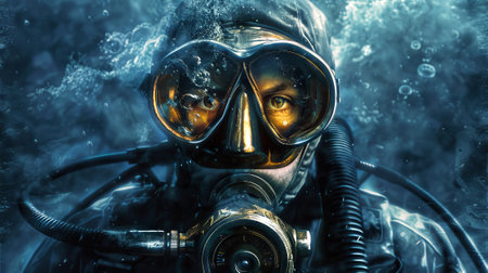 Close-up of a diver wearing a scuba mask, surrounded by underwater bubbles. Intense gaze through a...