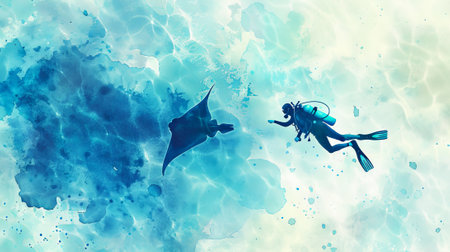 Scuba diver swims alongside majestic stingray in clear blue waters. Close-up interaction with a...