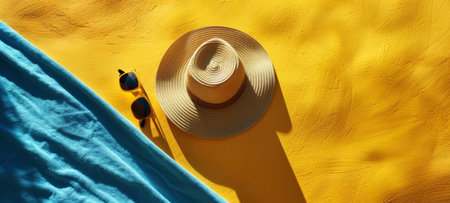 Straw hat and sunglasses on a vibrant yellow and blue background. Summer essentials for sunny days....