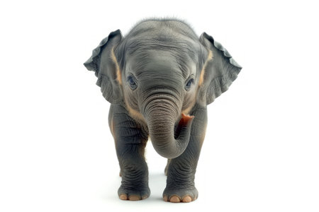 Cute baby Elephant in realistic detail on a pure white backdrop. Lifelike portrayal of an elephant. Concept of animal study, wildlife, and natural depiction.の写真素材
