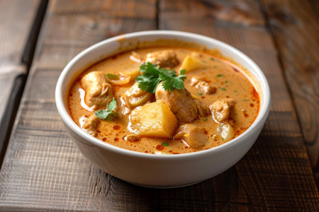 Massaman curry with potatoes and chicken, garnished with cilantro. Rich Thai curry served on plate. Concept of Thai cuisine, flavorful dishes, comfort food, Asian culinary tradition.の写真素材
