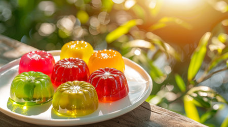 Colorful Thai jelly fruits on plate, set against a sunlit garden background. Vibrant gelatin...