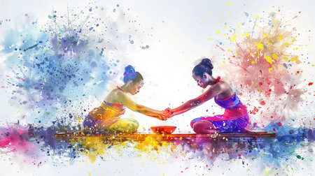 Watercolor illustration of two Asian women performing a traditional ritual. Colorful and expressive artwork. Concept of culture, tradition, and artistic representation.の写真素材