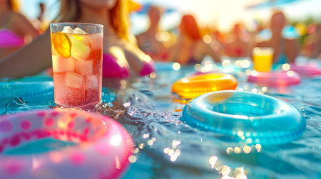 Clear glass of cocktail amidst a lively summer pool party with floating rings. Joyful and colorful...