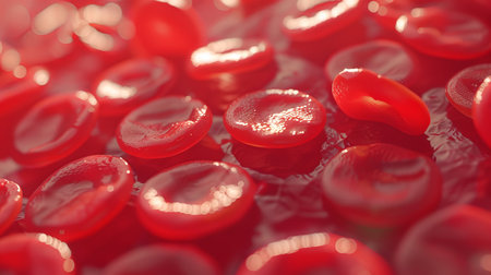 Close-up of erythrocytes. Red blood cells in microscopic detail in a blood sample. Concept of...