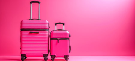 Two modern pink luggage sets on a pink background. Two suitcases ready for travel. Concept of...