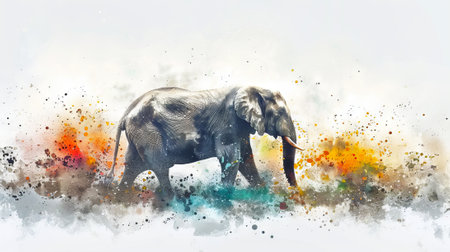 Watercolor illustration of elephant with a vibrant abstract background. Elephant art. Concept of colorful design, colorful nursery decor, cute animal.の写真素材