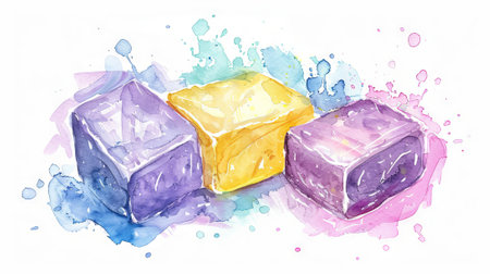 Colorful artisan soap bars, isolated on light background. Handcrafted soaps. Concept of freshness, cleansing, and vibrant bath essentials. Watercolor illustration. Aquarelle splashesの写真素材