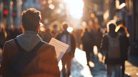 Male volunteer handing out pamphlets to pedestrians on a bustling city street. Caucasian man...