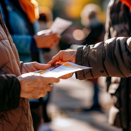 Person handing an advertising flyer to another in a busy urban setting. Exchange of promotional...
