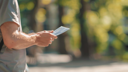Man holding a document outdoors in a sunny park setting. Close-up of male hand with paperwork....