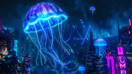 Futuristic jellyfish with digital enhancements over a cityscape. Advanced technology and nature...