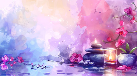 Watercolor illustration of Elegant spa setting with lit candles, flowers, smooth stones. Calming wellness retreat for relaxation. Concept of luxury Thai spa, tranquility, self-care. Banner. Copy spaceの写真素材