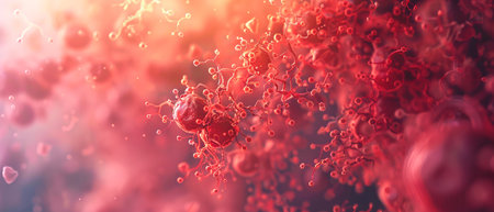 Abstract artistic interpretation of blood cell clusters in a vibrant red hue. Cellular structures...