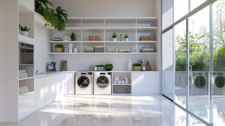 Sleek laundry room with modern appliances and open shelving, bathed in natural light. Modern laundry room interior. Concept of home organization, clean design, functional spaces, and modern living.の写真素材