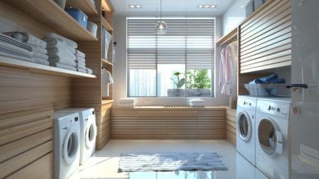 Minimalist laundry room with wood finishes. Modern laundry space with nature outlook. Concept of tranquility, minimalist design, and home comfort.の写真素材