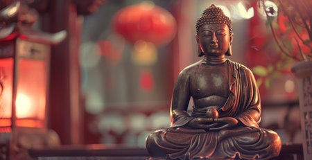 Bronze Buddha statue in meditation, softly lit with blurred red lanterns in the background. Represents tranquility and spiritual focus. Concept of meditation, peace, Asian culture. Space for textの写真素材