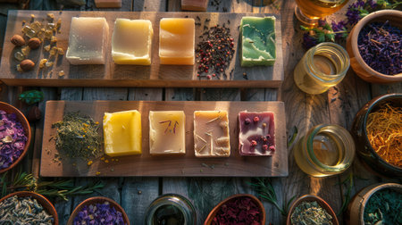 Artisanal soap bars displayed among natural ingredients on a rustic wooden table, lit by warm sunlight. Herbal soap variety. Concept of organic skincare, handcrafted products, and aromatic herbs.の写真素材