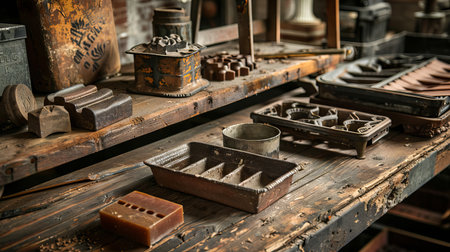 Vintage soap molds and cutters displayed on an old wooden table. Rustic collection of antique...