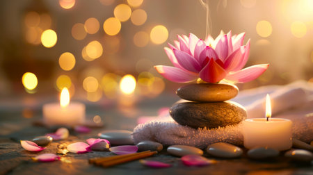 Zen stones with a pink lotus and lit candles in a meditative setting. Concept of spa, tranquility, and spiritual healing. Banner. Copy spaceの写真素材