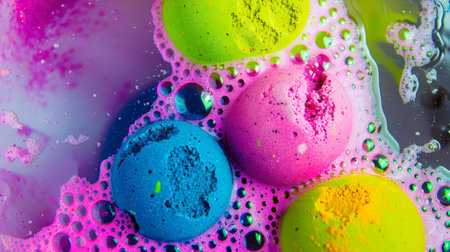 Colorful bath bombs fizzing in water, vibrant colors releasing clouds of dye, bubbles surrounding them, creating a dynamic and engaging visual. Concept of relaxation, spa treatment, bathing enjoyment.の写真素材