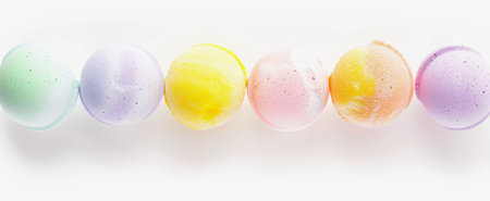 Assorted colorful bath bombs isolated on a clean white background. Pastel-colored bath bombs...