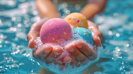 Hands holding colorful bath bombs over water, creating bubbles and sparkles. Close-up of spa essentials in a relaxing setting. Concept of spa day, self-care, and relaxation.の写真素材