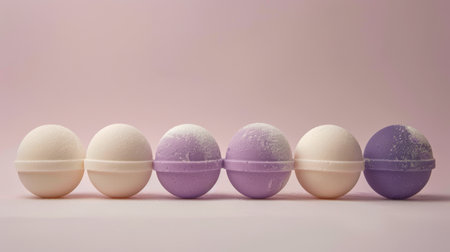 Row of colorful bath bombs lined up isolated on a light background. Assorted bath bombs in pastel shades. Concept of spa, relaxation, bathing essentials, hygiene products. Banner. Copy spaceの写真素材