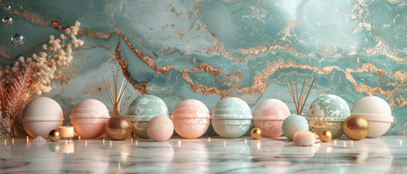 Luxurious bath bombs displayed on textured backdrop. Elegant spa setting with candles and dried...