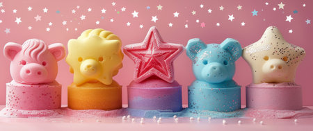 Playful and colorful collection of children's bath bombs shaped like cute animals and stars. Concept of fun, kids hygiene, bath time, and cheerful bath products.の写真素材