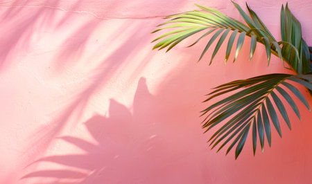 Palm leaf casting a shadow on a textured vibrant pink wall. Tropical plant against vivid backdrop. Bright summer tropical background. Concept of nature, simplicity. Mockup for design. Copy spaceの写真素材