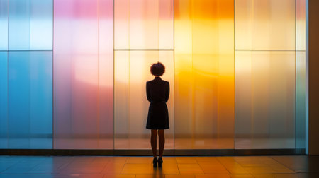 African American woman gazing at a vibrant, colored glass wall. Businesswoman contemplating in an office lobby. Concept of contemplation, reflection, modern architecture, and corporate setting.の写真素材