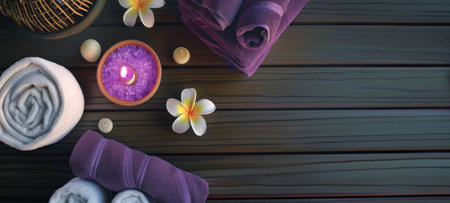 Spa with floating candles and purple towels. Elegant spa setting with decorative flowers and textures. Concept of pampering, serene atmosphere, luxury treatment, and decorative style. Copy spaceの写真素材