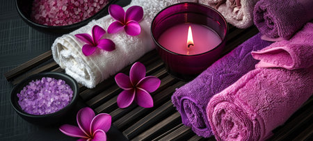 Decorative spa setting with purple towels and candles. Luxurious spa ambiance with floral elements....