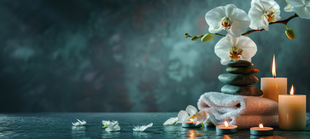 Elegant spa ambiance with towels, orchids, and lit candles. Luxurious environment. Concept of serene...
