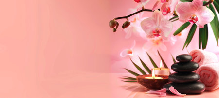 Elegant spa setting with lit candles, orchid flowers, towels. Calming pink wellness retreat for relaxation. Concept of luxury Thai spa, tranquility, self-care, health retreat. Banner. Copy spaceの写真素材