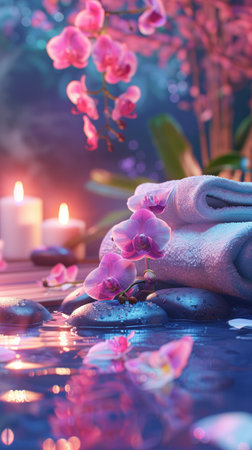 Elegant spa setting with lit candles, flowers, towels, smooth stones. Calming wellness retreat for...