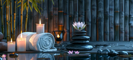 Elegant spa setting with lit candles, flowers, towels, smooth stones. Calming wellness retreat for...