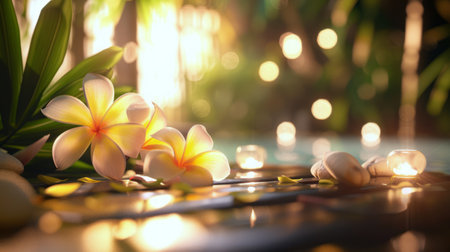 Decorative arrangement of frangipani blossoms on a bamboo surface, illuminated by warm light. Elegant spa setting. Tropical plumeria flowers. Concept of nature's art, tranquility. Copy space. Bannerの写真素材