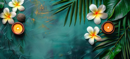 Plumeria flowers with candles on a textured green surface. Frangipani blossoms and lit candles creating a serene spa setting. Concept of relaxation, meditation, and wellness ambiance. Copy spaceの写真素材