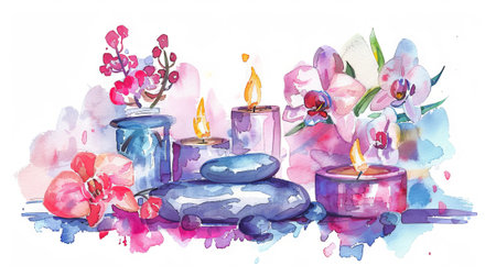 Watercolor illustration of Elegant spa setting with lit candles, flowers, smooth stones. Calming wellness retreat for relaxation. Concept of luxury Thai spa, tranquility, self-care.の写真素材