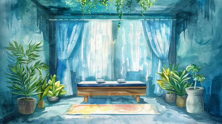 Watercolor illustration of Empty Thai spa interior featuring a serene treatment space. Elegant massage room with modern cozy design. Concept of luxury spa experiences, relaxation, wellness, healthの写真素材