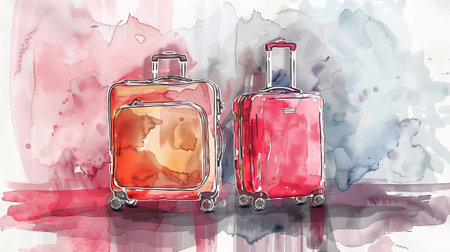 Two luggage sets on aquarelle background. Two suitcases ready for travel. Concept of travel, vacation, simple design, journey preparation. Colorful watercolor illustrationの写真素材
