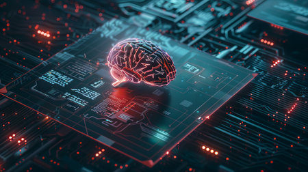 Illuminated neon brain on circuit board background. Glowing brain symbolizing artificial...